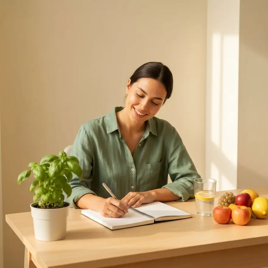 La biologa nutrizionista nel suo studio luminoso mentre redige un piano alimentare